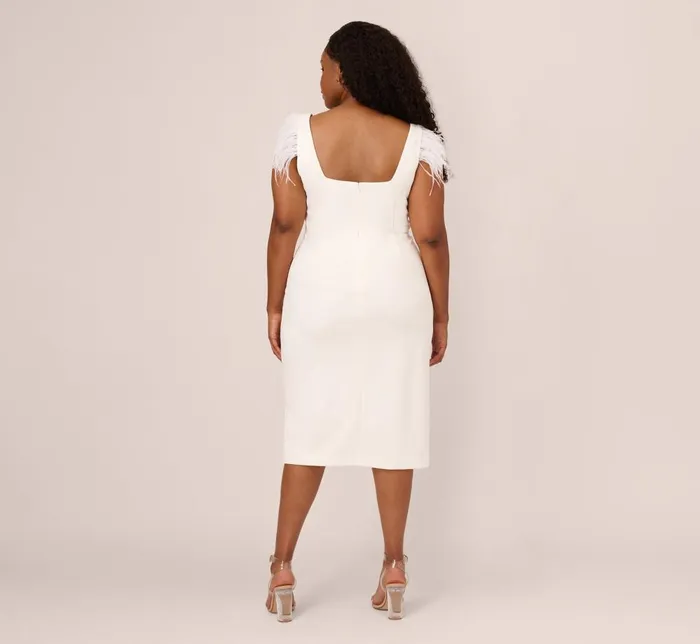 Adrianna Papell Formal Dresses Plus Size Knit Crepe Midi Dress With Feather Shoulder Accents In Ivory 8211 Women
