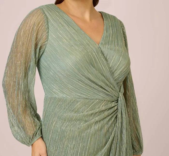 Adrianna Papell Formal Dresses Plus Size Metallic Crinkled Mesh Draped Long Gown In Green Slate 8211 Women