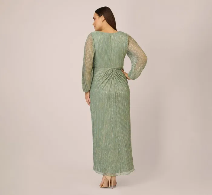 Adrianna Papell Formal Dresses Plus Size Metallic Crinkled Mesh Draped Long Gown In Green Slate 8211 Women