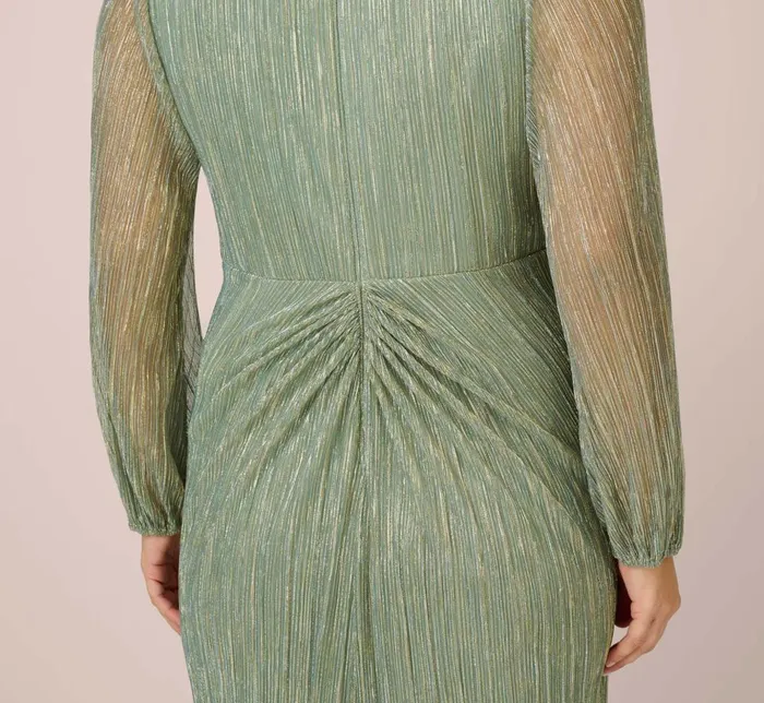 Adrianna Papell Formal Dresses Plus Size Metallic Crinkled Mesh Draped Long Gown In Green Slate 8211 Women