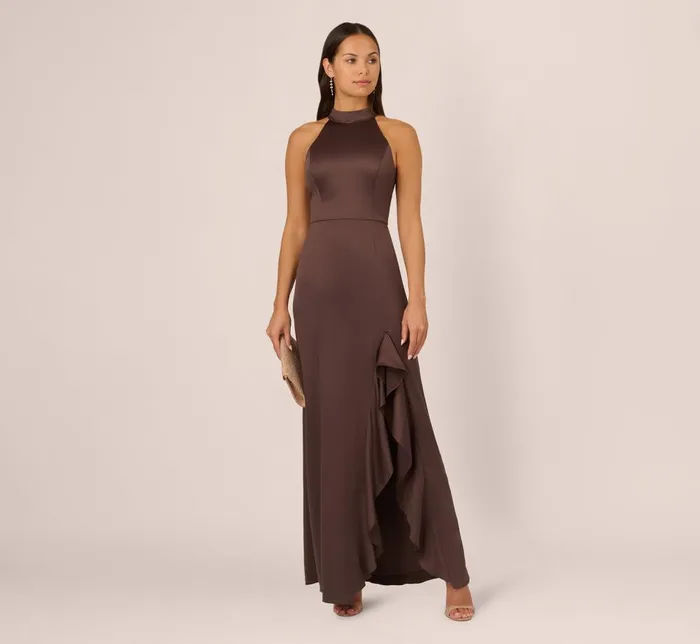 Adrianna Papell Formal Dresses Satin Halter Mermaid Gown With Ruffle Trim In Dark Brown 8211 Women