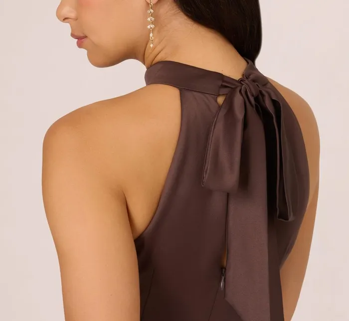 Adrianna Papell Formal Dresses Satin Halter Mermaid Gown With Ruffle Trim In Dark Brown 8211 Women