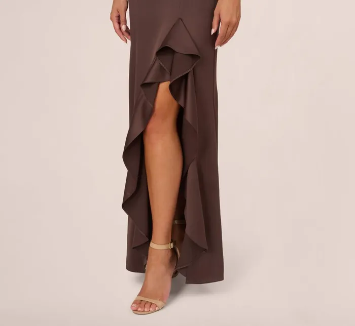 Adrianna Papell Formal Dresses Satin Halter Mermaid Gown With Ruffle Trim In Dark Brown 8211 Women