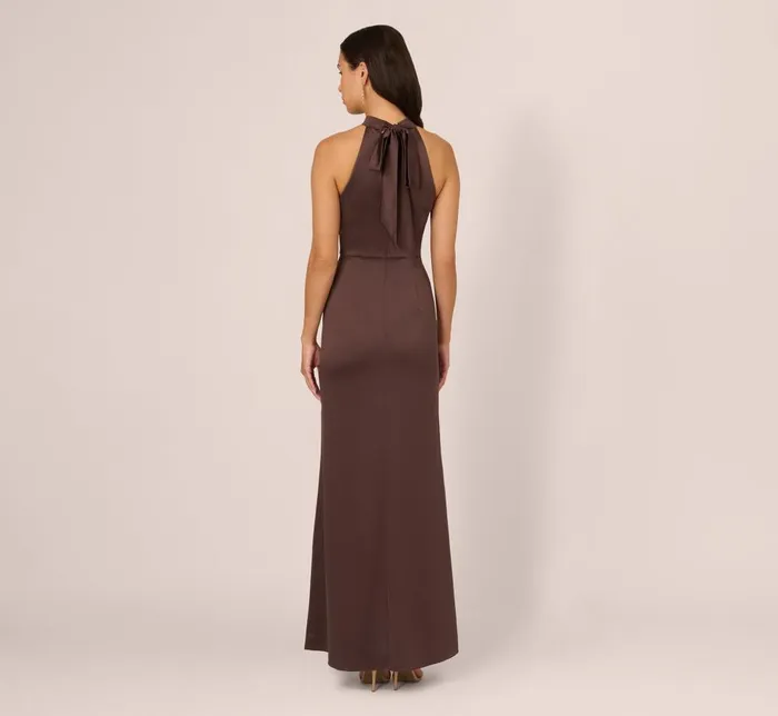 Adrianna Papell Formal Dresses Satin Halter Mermaid Gown With Ruffle Trim In Dark Brown 8211 Women