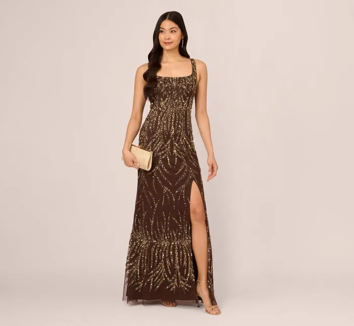 Adrianna Papell Formal Dresses Sleeveless Beaded Mermaid Gown With Square Neckline In Chocolate 8211 Women