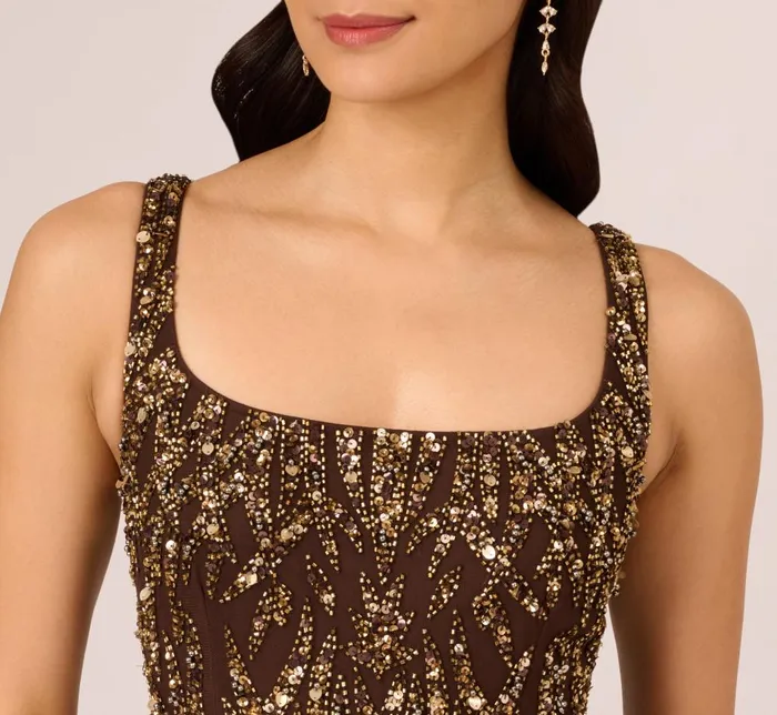 Adrianna Papell Formal Dresses Sleeveless Beaded Mermaid Gown With Square Neckline In Chocolate 8211 Women