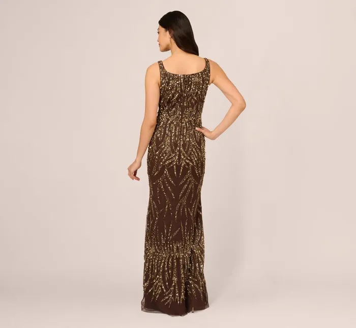 Adrianna Papell Formal Dresses Sleeveless Beaded Mermaid Gown With Square Neckline In Chocolate 8211 Women