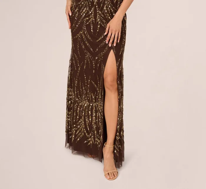 Adrianna Papell Formal Dresses Sleeveless Beaded Mermaid Gown With Square Neckline In Chocolate 8211 Women