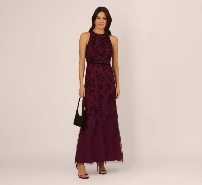 Adrianna Papell Formal Dresses Sleeveless Blouson Mermaid Gown With Jasmine Beading In Cassis 8211 Women