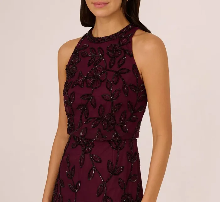 Adrianna Papell Formal Dresses Sleeveless Blouson Mermaid Gown With Jasmine Beading In Cassis 8211 Women