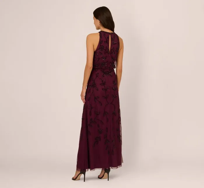 Adrianna Papell Formal Dresses Sleeveless Blouson Mermaid Gown With Jasmine Beading In Cassis 8211 Women