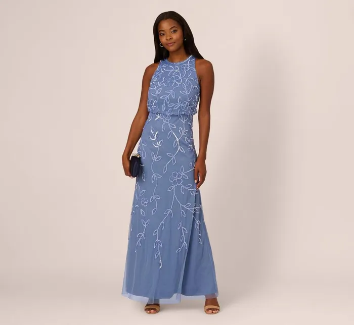 Adrianna Papell Formal Dresses Sleeveless Blouson Mermaid Gown With Jasmine Beading In French Blue 8211 Women