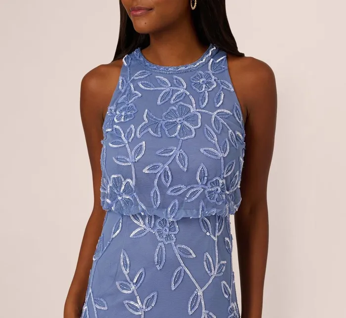 Adrianna Papell Formal Dresses Sleeveless Blouson Mermaid Gown With Jasmine Beading In French Blue 8211 Women