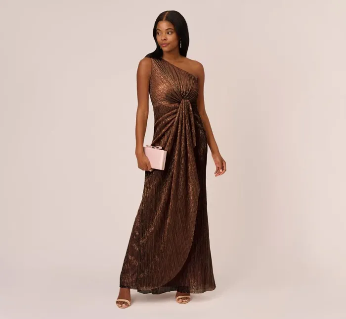 Adrianna Papell Formal Dresses Stardust Pleated Draped One Shoulder Gown In Copper 8211 Women