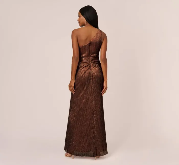 Adrianna Papell Formal Dresses Stardust Pleated Draped One Shoulder Gown In Copper 8211 Women