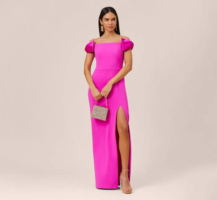 Adrianna Papell Formal Dresses Stretch Crepe OffTheShoulder Long Column Gown With Bows In Pink Flame 8211 Women