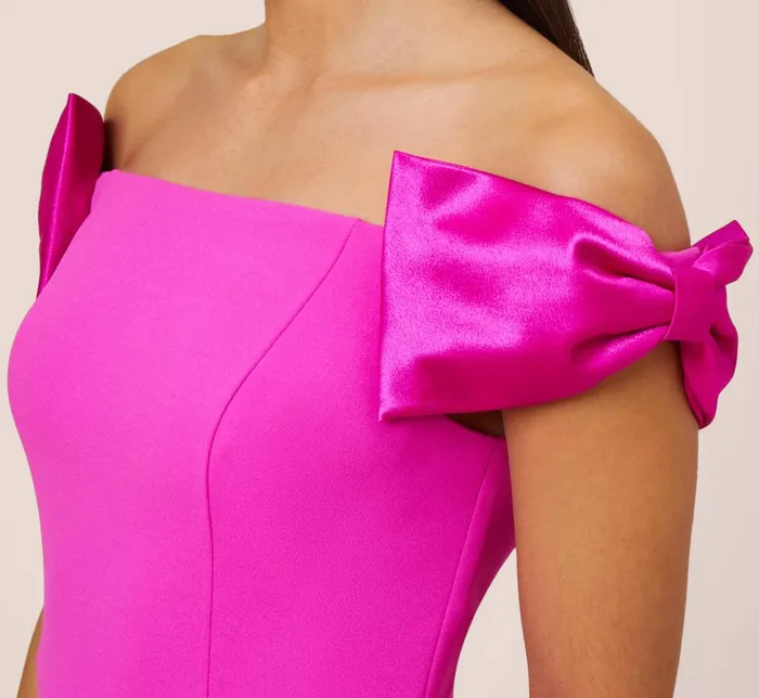 Adrianna Papell Formal Dresses Stretch Crepe OffTheShoulder Long Column Gown With Bows In Pink Flame 8211 Women