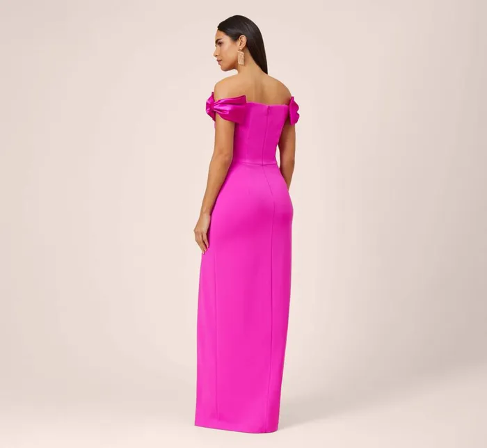 Adrianna Papell Formal Dresses Stretch Crepe OffTheShoulder Long Column Gown With Bows In Pink Flame 8211 Women