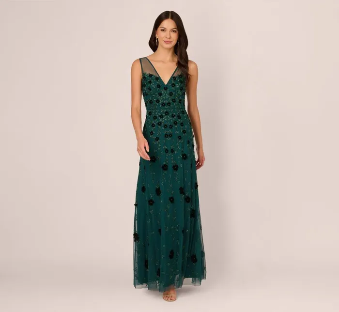 Adrianna Papell Formal Dresses Velvet Floral Beaded Gown With Sheer Tank Straps In Gem Green 8211 Women