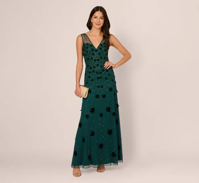 Adrianna Papell Formal Dresses Velvet Floral Beaded Gown With Sheer Tank Straps In Gem Green 8211 Women