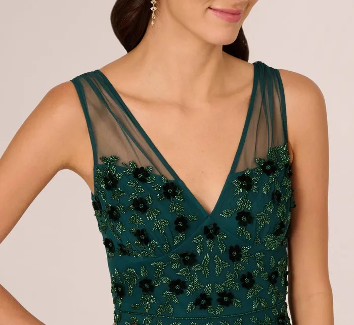 Adrianna Papell Formal Dresses Velvet Floral Beaded Gown With Sheer Tank Straps In Gem Green 8211 Women