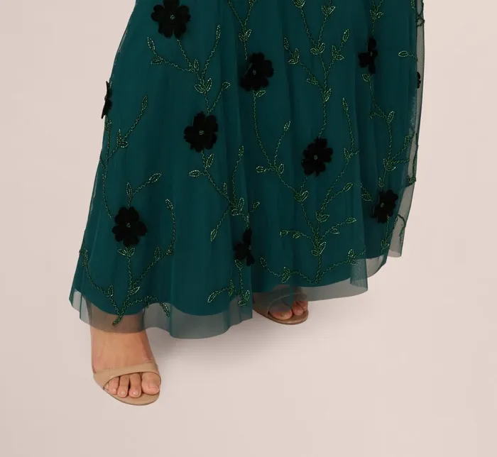 Adrianna Papell Formal Dresses Velvet Floral Beaded Gown With Sheer Tank Straps In Gem Green 8211 Women