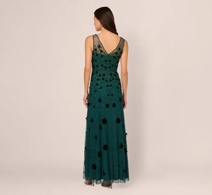 Adrianna Papell Formal Dresses Velvet Floral Beaded Gown With Sheer Tank Straps In Gem Green 8211 Women