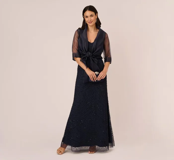 Adrianna Papell Shawls and Wraps Organza Wrap Jacket With Short Sleeves In Midnight 8211 Women