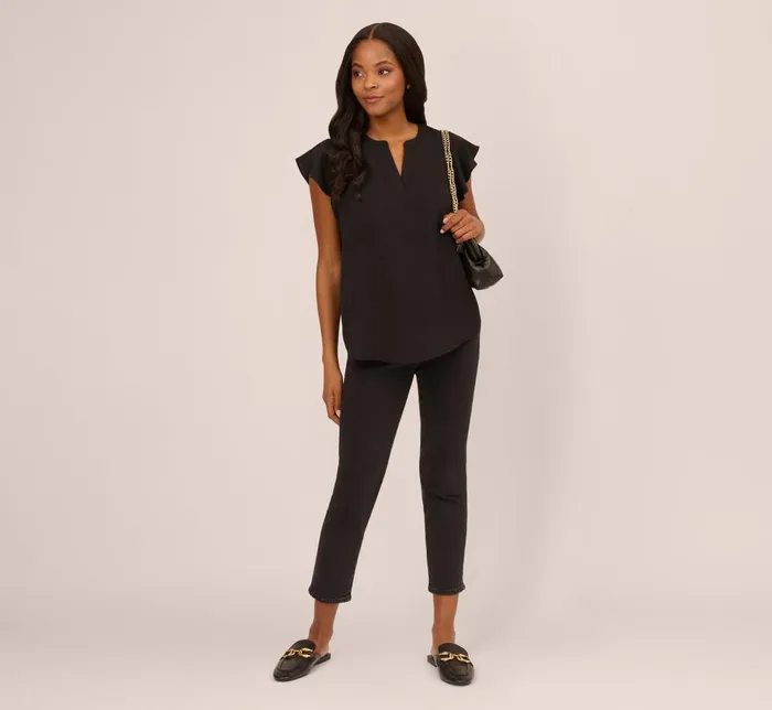 Adrianna Papell Tops and Blouses Flutter Sleeve Top With Notched Neck In Black 8211 Women