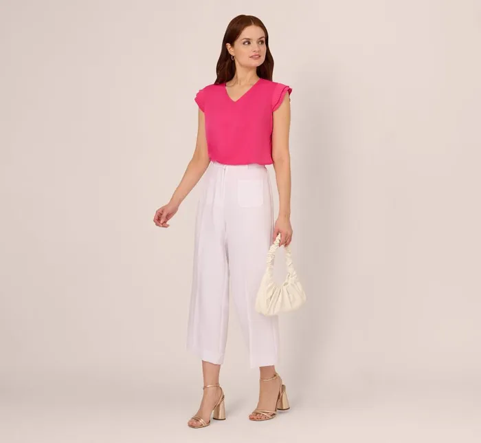 Adrianna Papell Tops and Blouses VNeck Top With Pleated Flutter Sleeves In Fuchsia Fedora 8211 Women