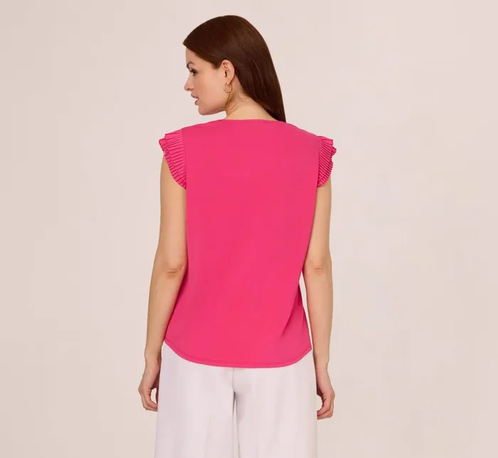 Adrianna Papell Tops and Blouses VNeck Top With Pleated Flutter Sleeves In Fuchsia Fedora 8211 Women
