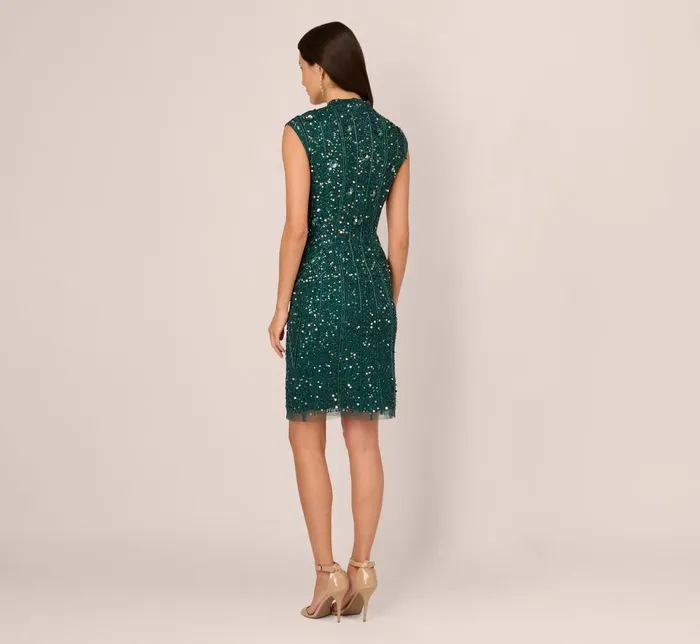 Adrianna Papell Wedding Guest Dresses Cap Sleeve Sequin Beaded Dress With Mock Neckline In Gem Green 8211 Women