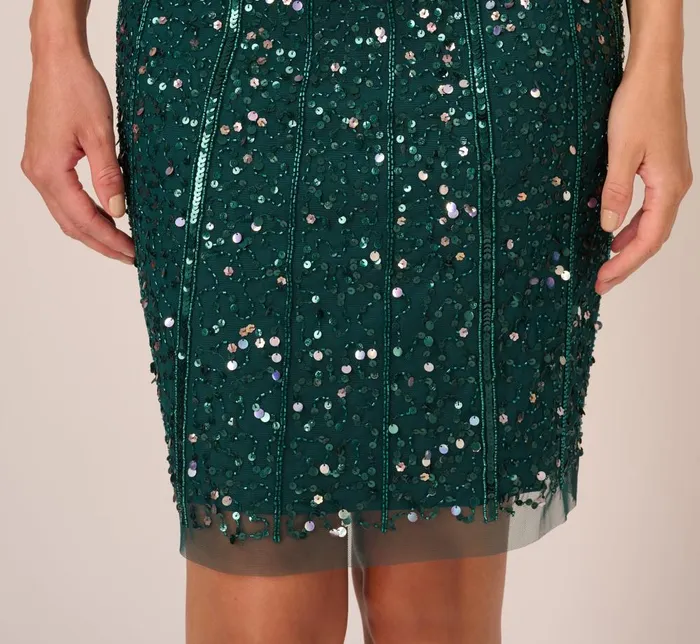 Adrianna Papell Wedding Guest Dresses Cap Sleeve Sequin Beaded Dress With Mock Neckline In Gem Green 8211 Women