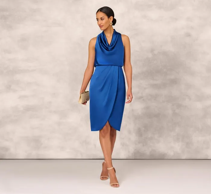 Adrianna Papell Wedding Guest Dresses Cowl Neck Cocktail Dress With Front Draped Skirt In Deep Ocean 8211 Women