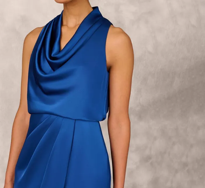 Adrianna Papell Wedding Guest Dresses Cowl Neck Cocktail Dress With Front Draped Skirt In Deep Ocean 8211 Women
