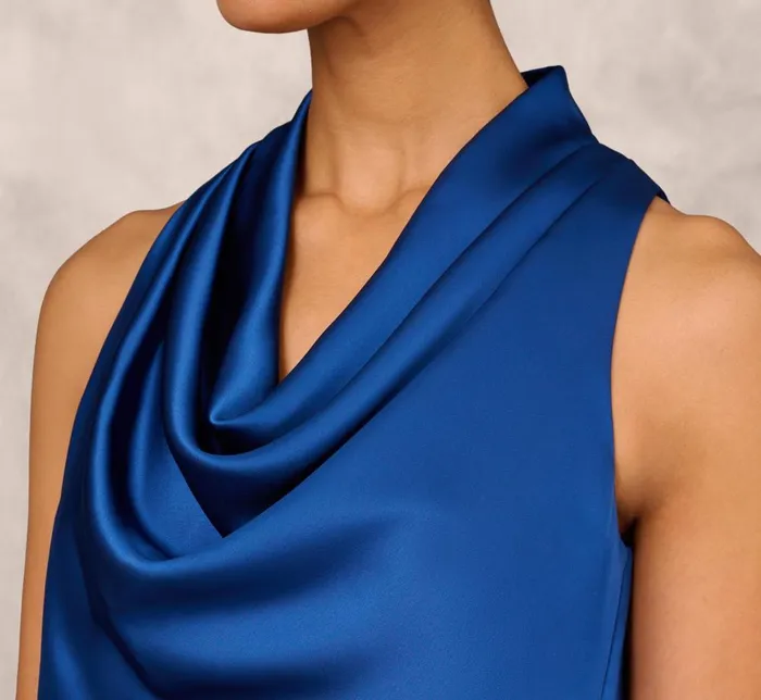Adrianna Papell Wedding Guest Dresses Cowl Neck Cocktail Dress With Front Draped Skirt In Deep Ocean 8211 Women