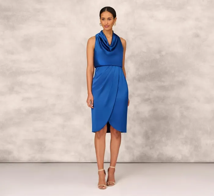 Adrianna Papell Wedding Guest Dresses Cowl Neck Cocktail Dress With Front Draped Skirt In Deep Ocean 8211 Women