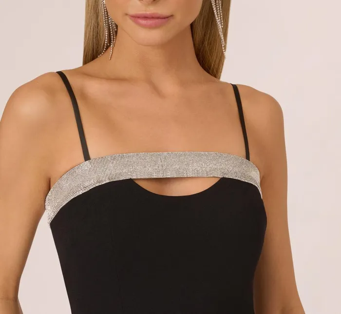 Adrianna Papell Wedding Guest Dresses Crepe Dress With Spaghetti Straps And Rhinestone Neckline In Black 8211 Women