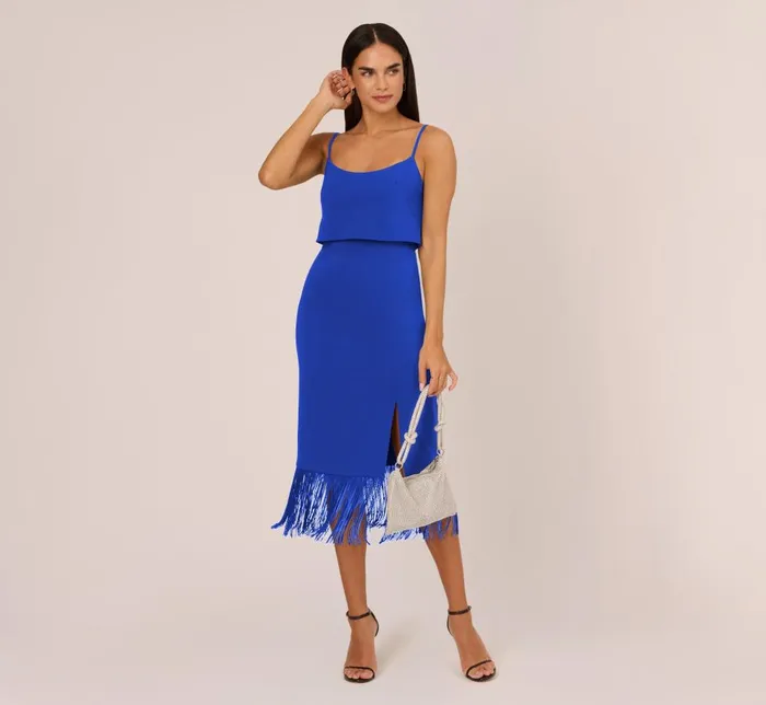 Adrianna Papell Wedding Guest Dresses Crepe Popover Midi Dress With Fringe Trim In Royal Sapphire 8211 Women