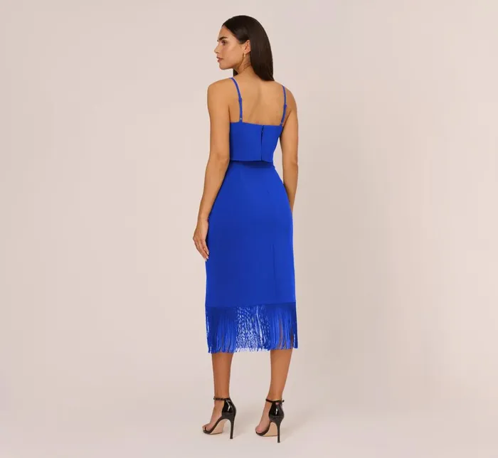 Adrianna Papell Wedding Guest Dresses Crepe Popover Midi Dress With Fringe Trim In Royal Sapphire 8211 Women