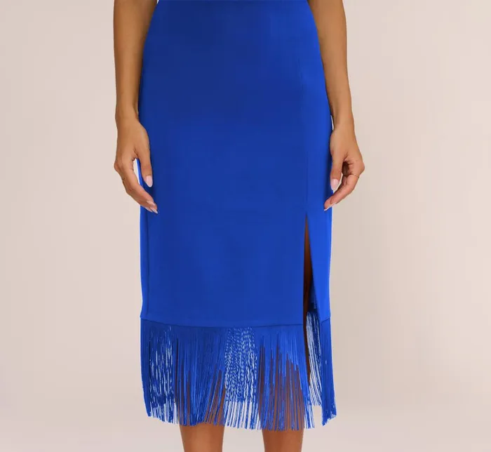 Adrianna Papell Wedding Guest Dresses Crepe Popover Midi Dress With Fringe Trim In Royal Sapphire 8211 Women