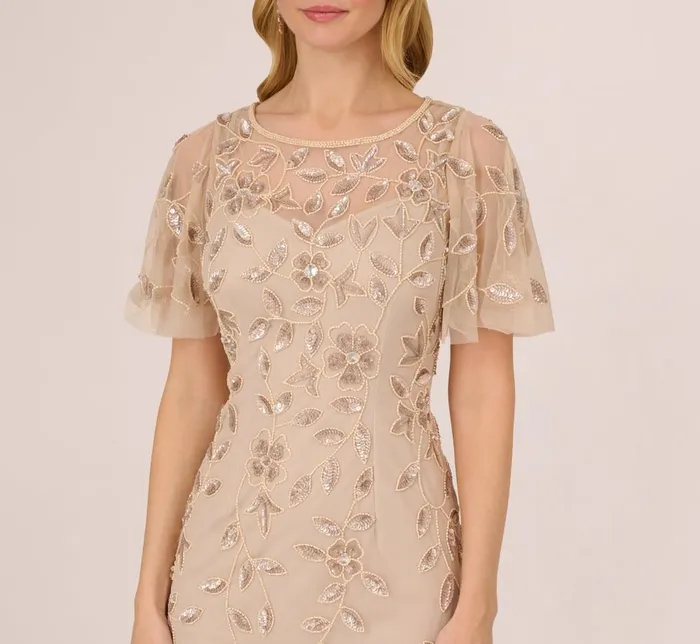 Adrianna Papell Wedding Guest Dresses Floral Beaded Sheath Dress With Sheer Neck And Sleeves In Latte 8211 Women