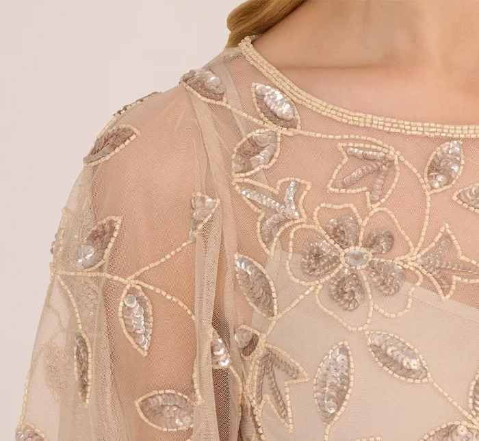 Adrianna Papell Wedding Guest Dresses Floral Beaded Sheath Dress With Sheer Neck And Sleeves In Latte 8211 Women