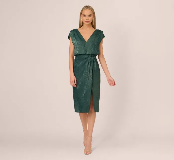 Adrianna Papell Wedding Guest Dresses Foil Blouson Midi Dress With Faux Wrap Skirt In Dark Ivy 8211 Women