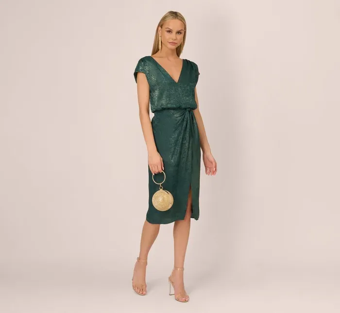 Adrianna Papell Wedding Guest Dresses Foil Blouson Midi Dress With Faux Wrap Skirt In Dark Ivy 8211 Women