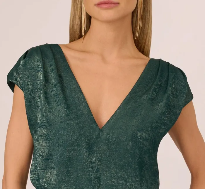 Adrianna Papell Wedding Guest Dresses Foil Blouson Midi Dress With Faux Wrap Skirt In Dark Ivy 8211 Women