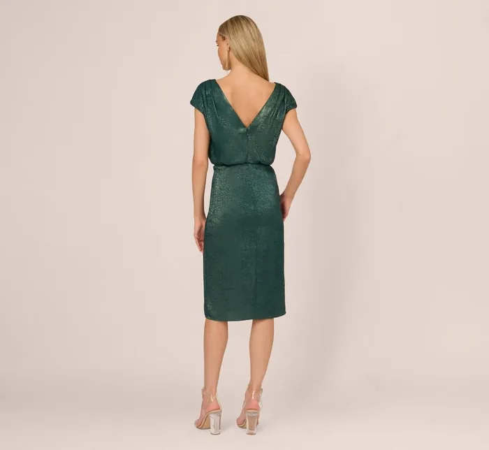 Adrianna Papell Wedding Guest Dresses Foil Blouson Midi Dress With Faux Wrap Skirt In Dark Ivy 8211 Women