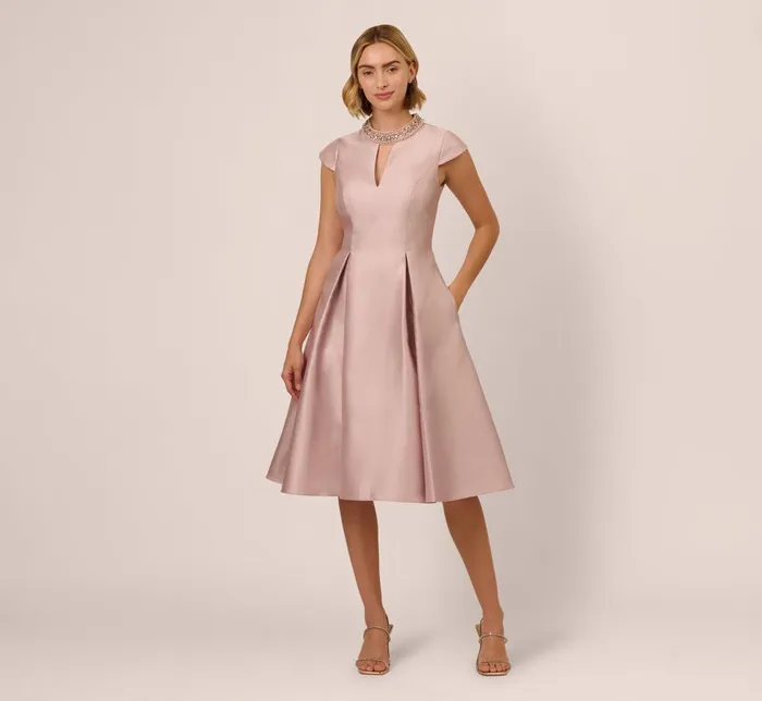 Adrianna Papell Wedding Guest Dresses Key Hole Mikado Cap Sleeve Midi Dress In Bellini 8211 Women