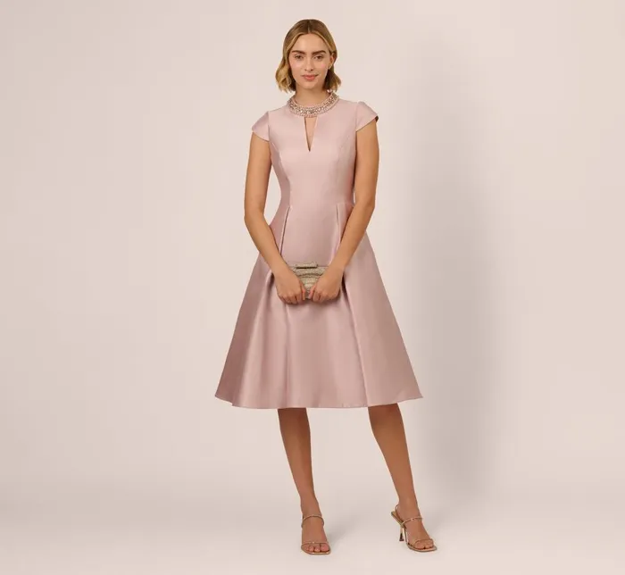 Adrianna Papell Wedding Guest Dresses Key Hole Mikado Cap Sleeve Midi Dress In Bellini 8211 Women