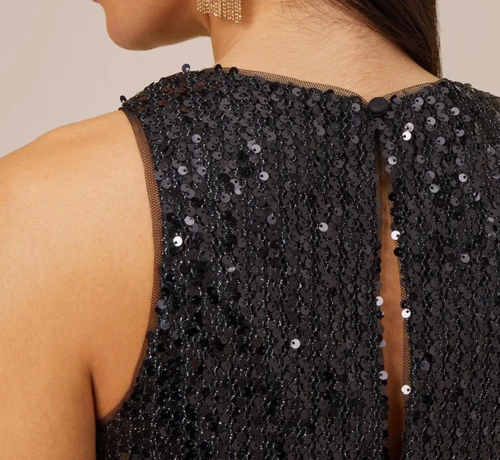 Adrianna Papell Wedding Guest Dresses Sequined Trapeze Halter Dress With Feather Trim In Black 8211 Women